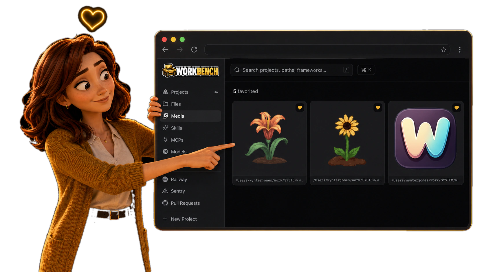A guide pointing at the Workbench Media screen showing favorited images