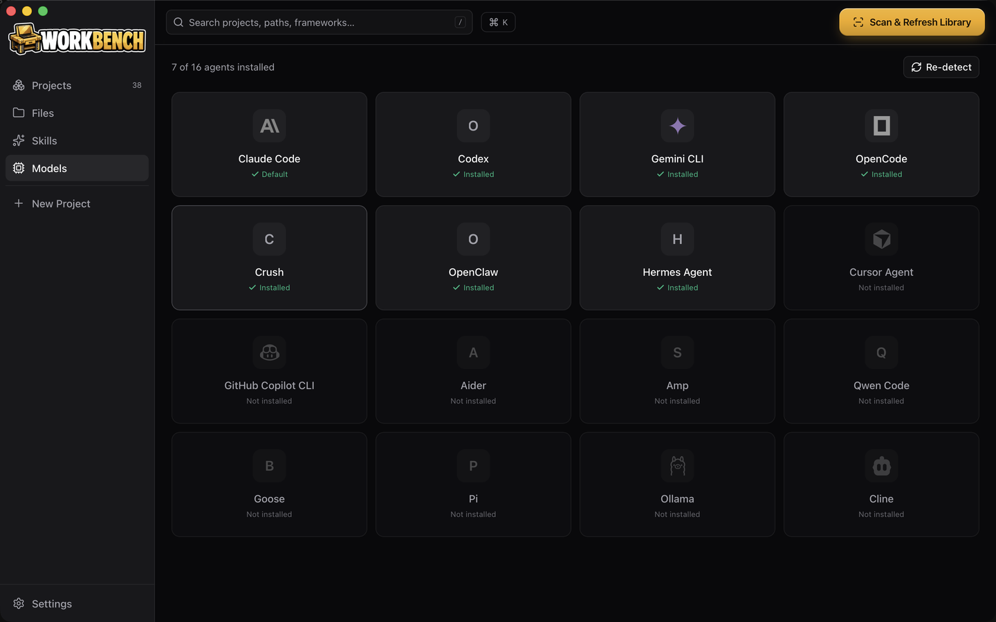 The Models screen showing detected AI coding agents including Claude Code, Codex, Gemini CLI, OpenCode, Crush, OpenClaw and Hermes