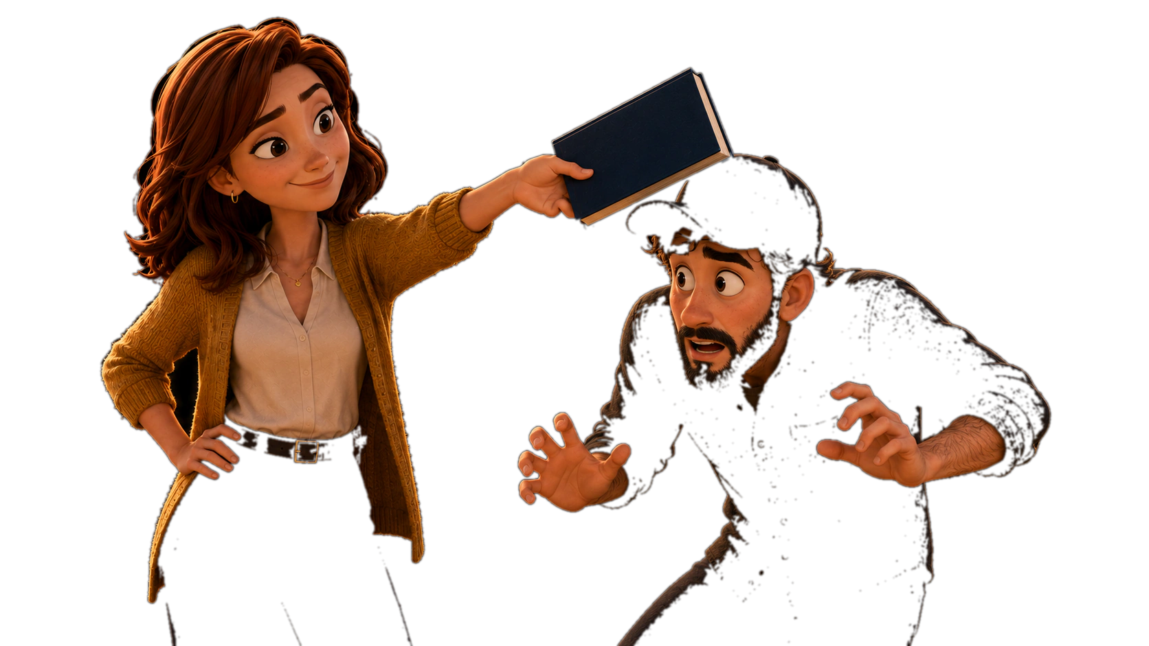 A woman gently correcting a startled developer with a book